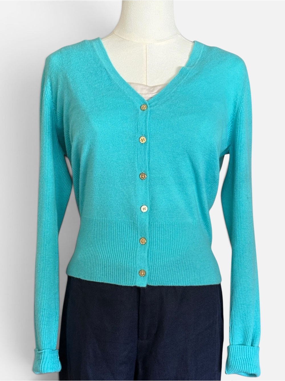 Tory Burch Cashmere Cardigan Gold Logo Buttons Tiffany Blue Size Small - Picture 4 of 13